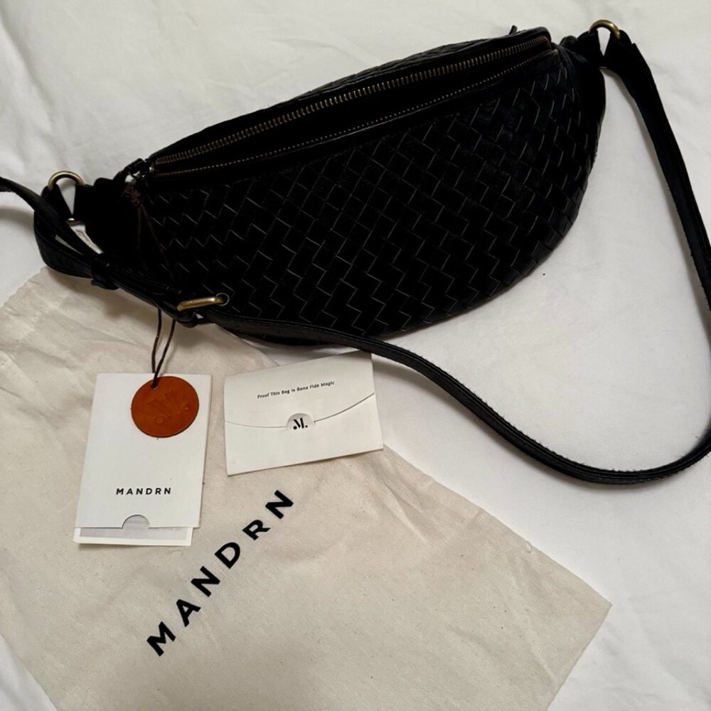 EUC MANDRN Woven Atlas Leather Fanny Pack in Black